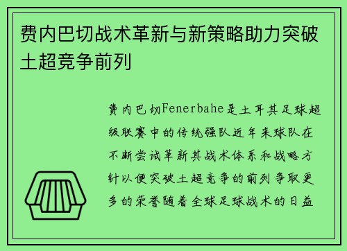 费内巴切战术革新与新策略助力突破土超竞争前列